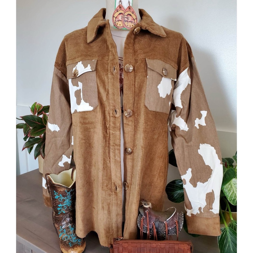 . Boutique Brown Cow Print Oversized Button Up Long Sleeve Corduroy Shacket - Picture 10 of 14